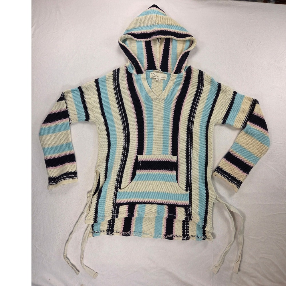 Vintage Havana Drug Rug Surfer Poncho Pullover Hoodie Medium ivory blue pink